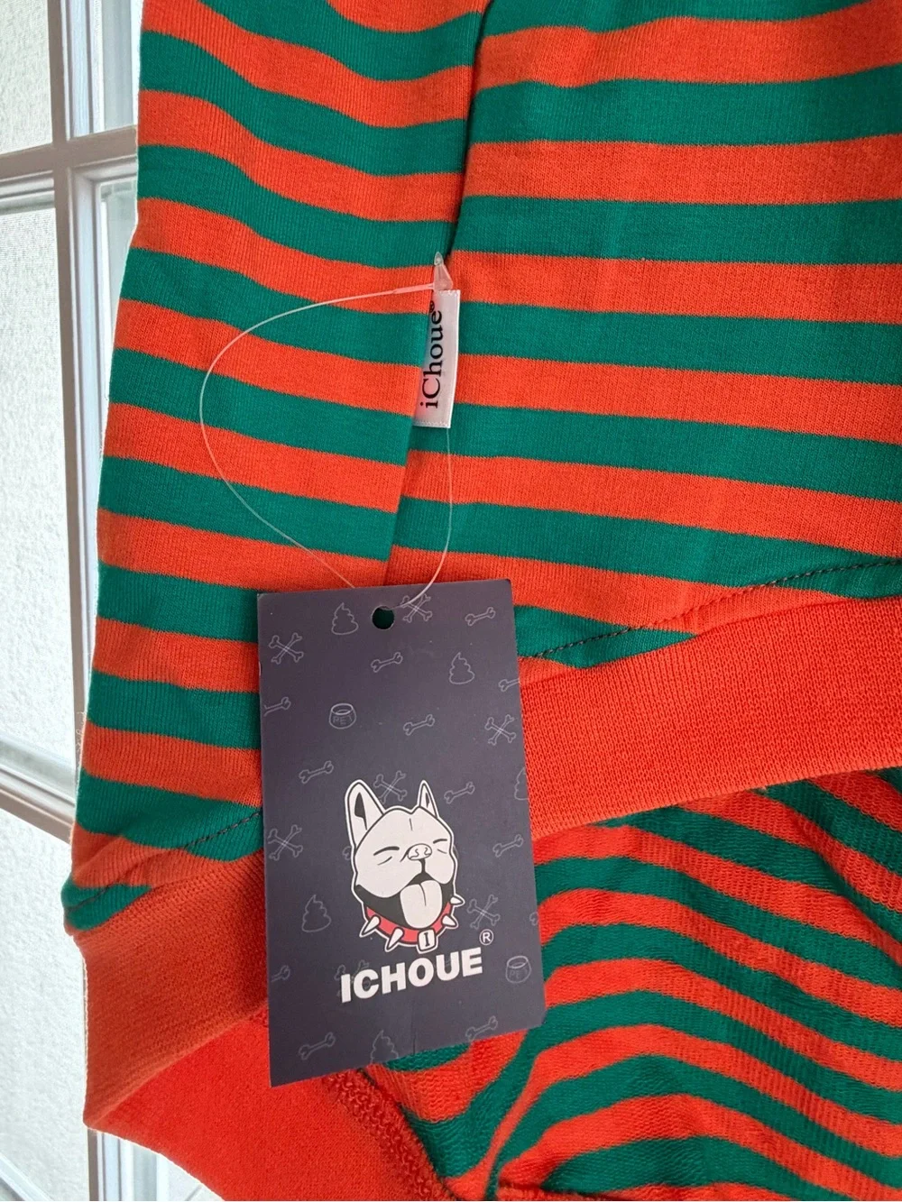 ICHOUe Dog Hoodie 2XL Orange Green Striped Hooded Pet Sweater Pom Pom NWT